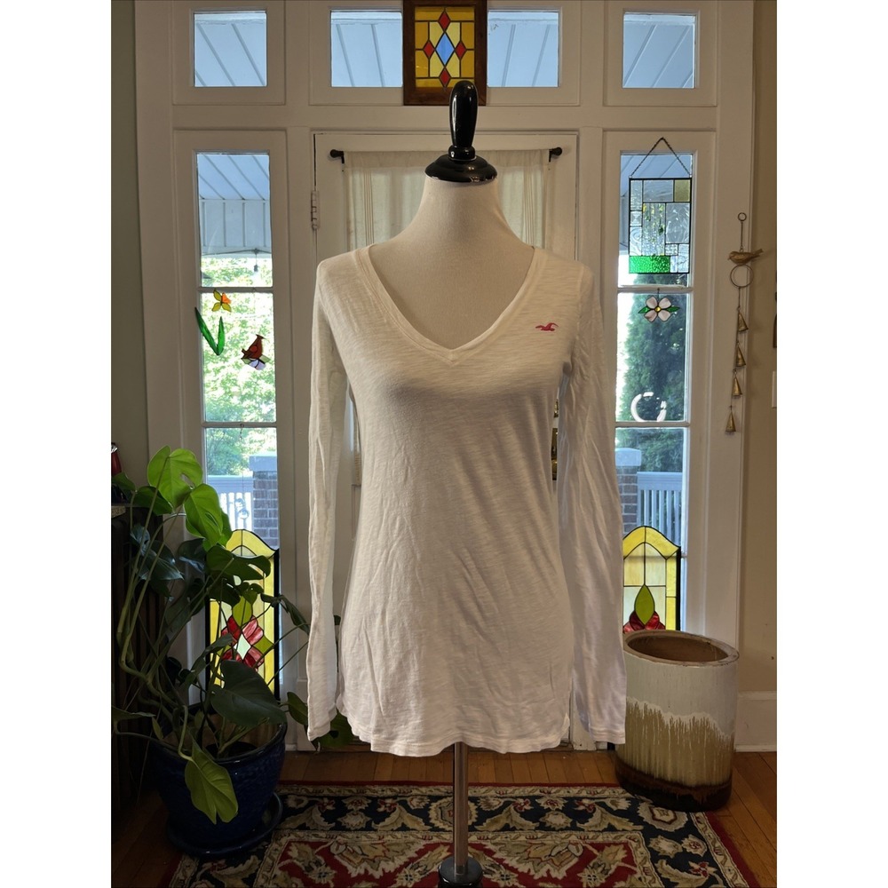 Vintage Y2K L Hollister Deep V Neck Long Sleeve Layering Top Shirt White Cotton